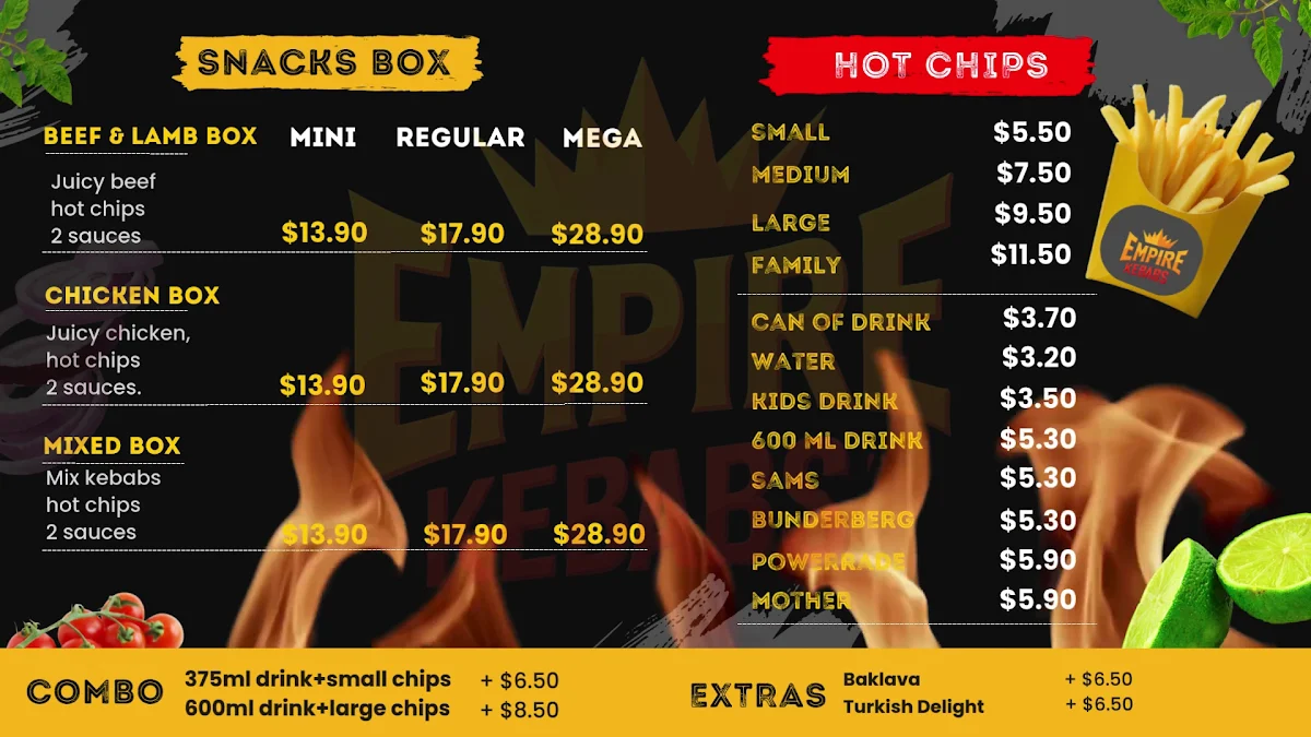 Menu, Empire Kebabs Warner