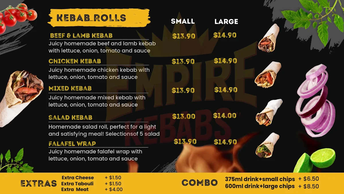 Menu, Empire Kebabs Warner