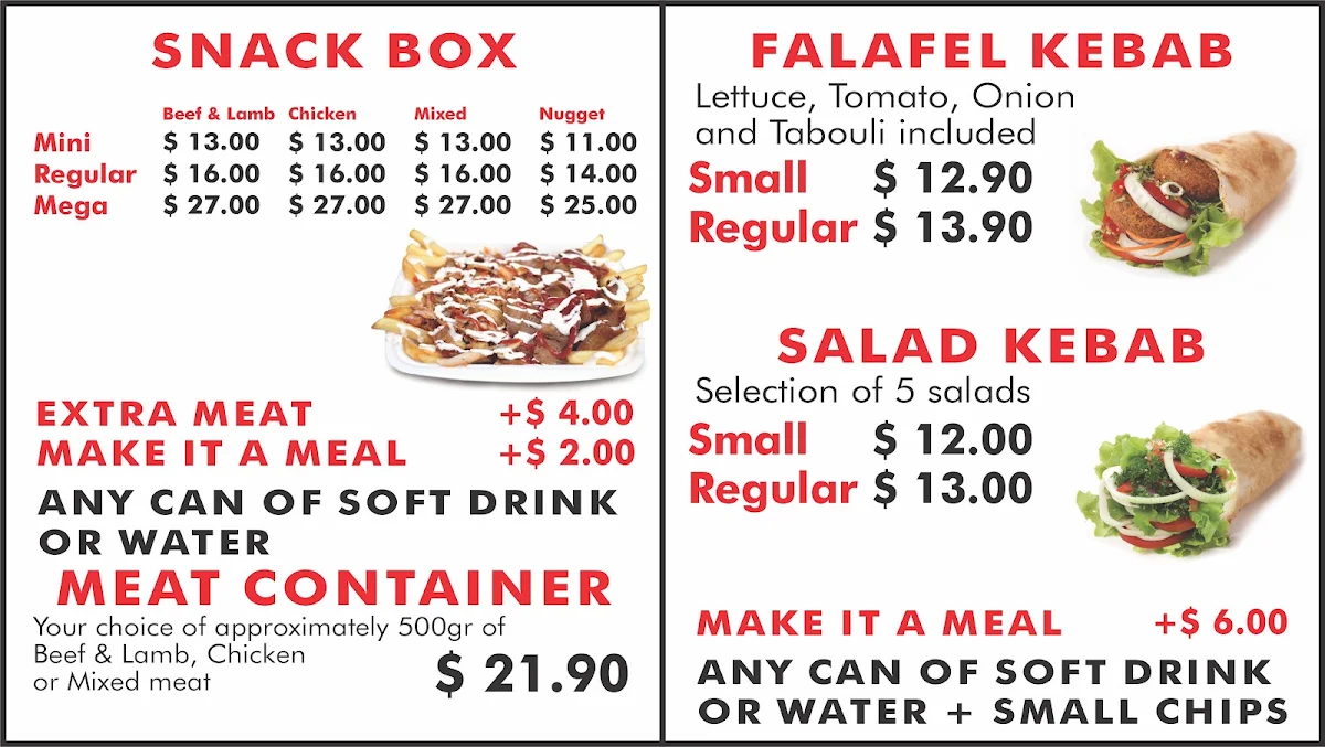Menu, Empire Kebabs Warner