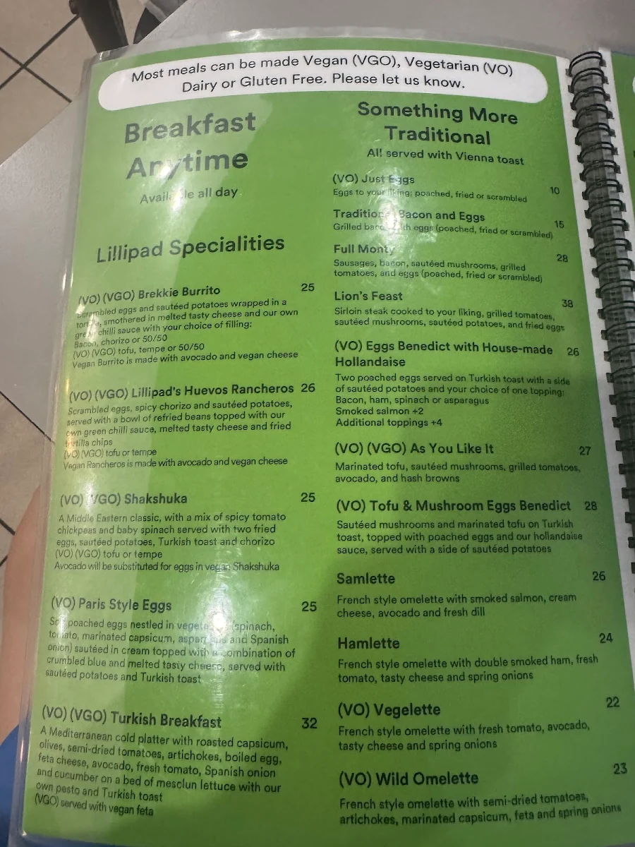 Menu, Lillipad Cafe