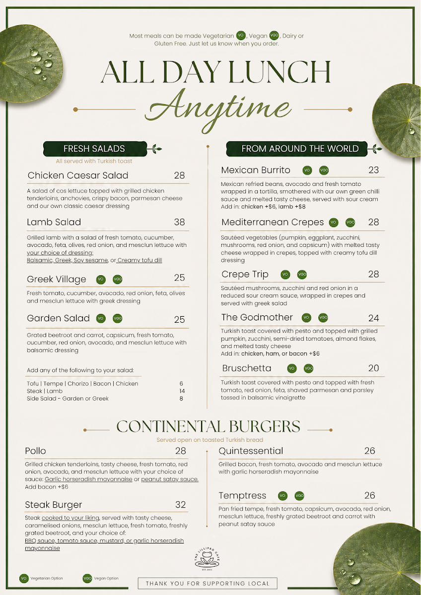 Menu, Lillipad Cafe