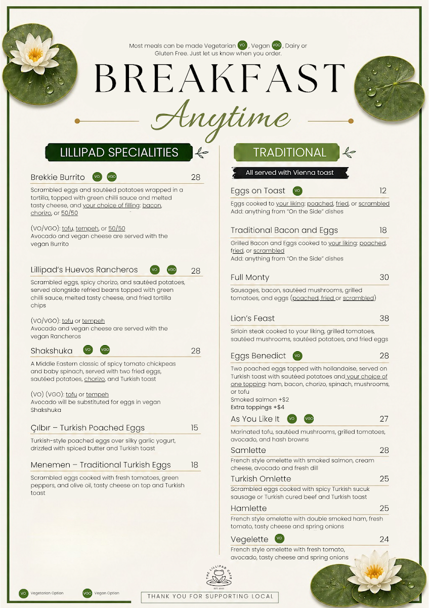 Menu, Lillipad Cafe