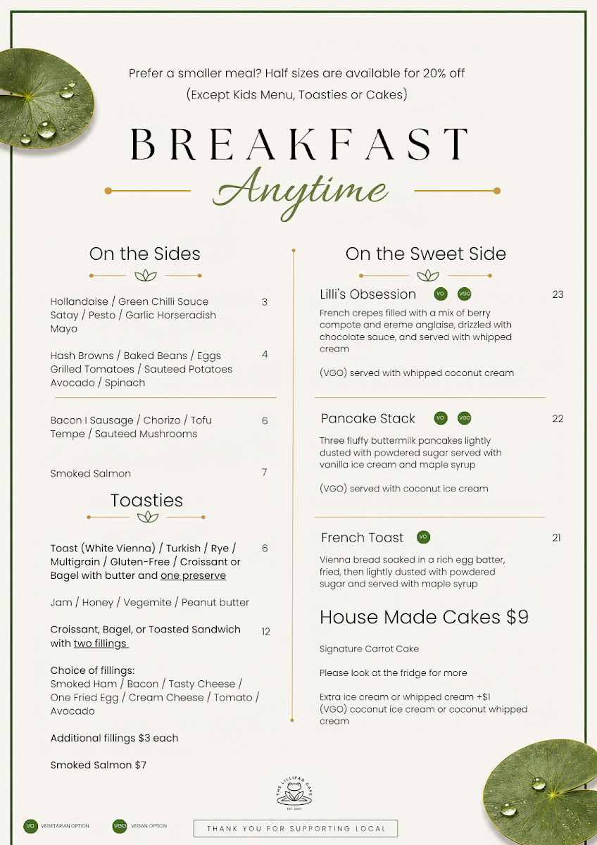 Menu, Lillipad Cafe