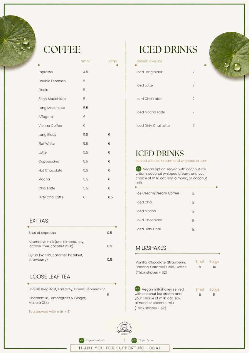 Menu, Lillipad Cafe