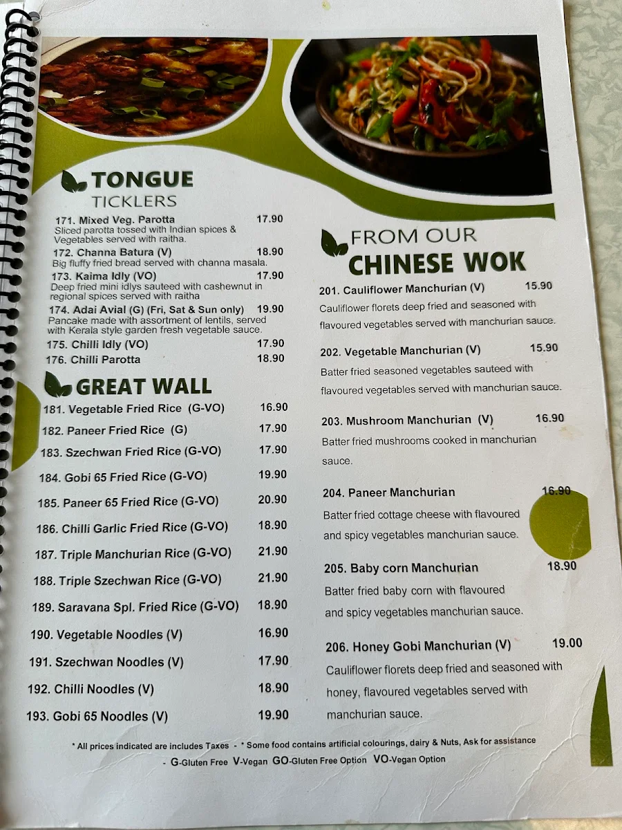 Menu, Saravanaa Bhavan