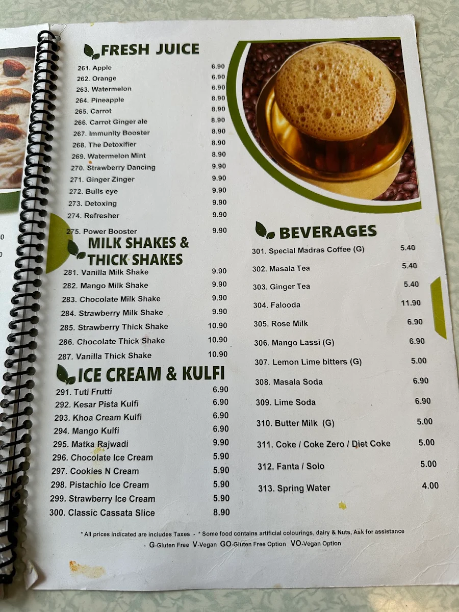 Menu, Saravanaa Bhavan