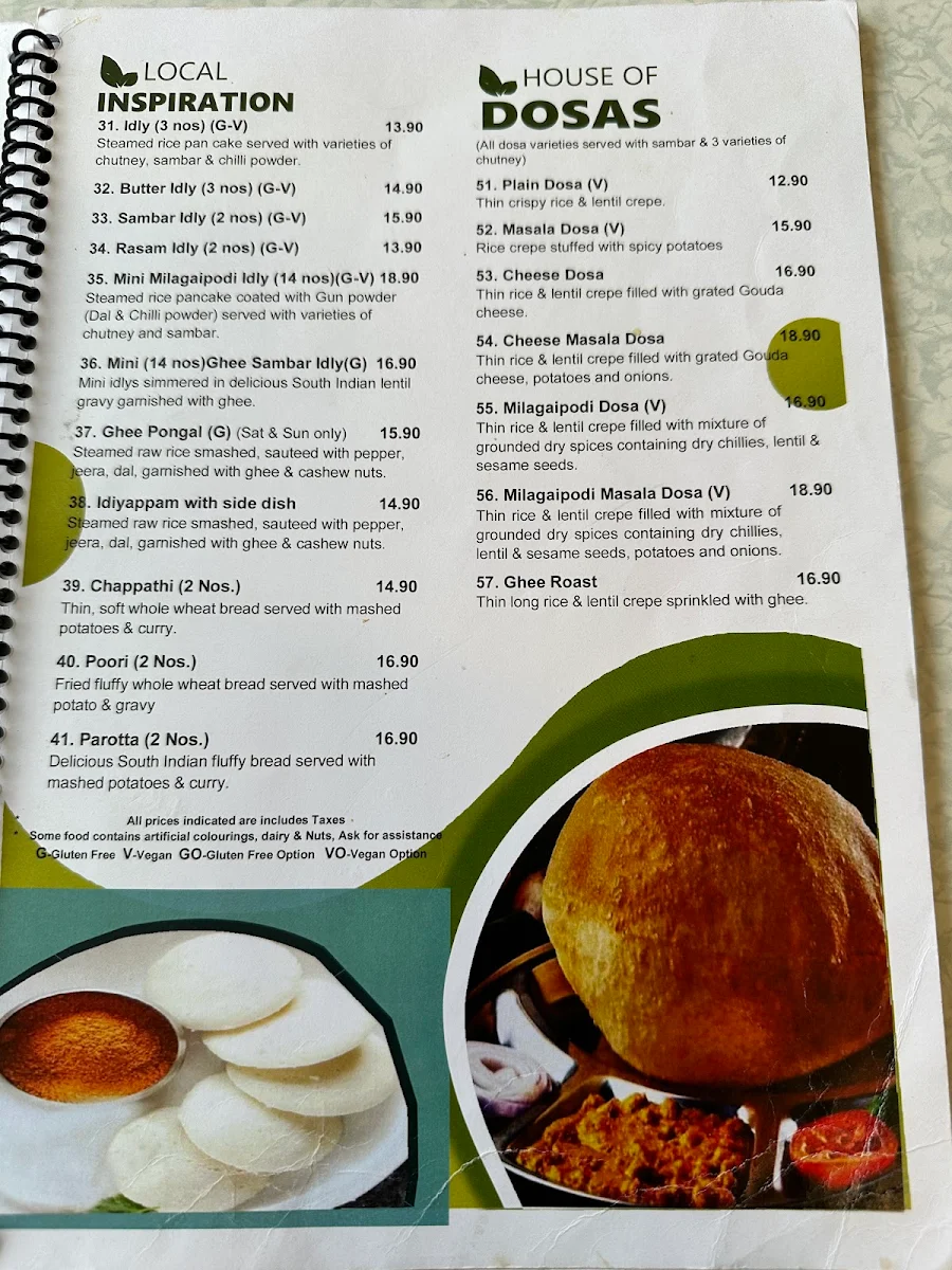 Menu, Saravanaa Bhavan