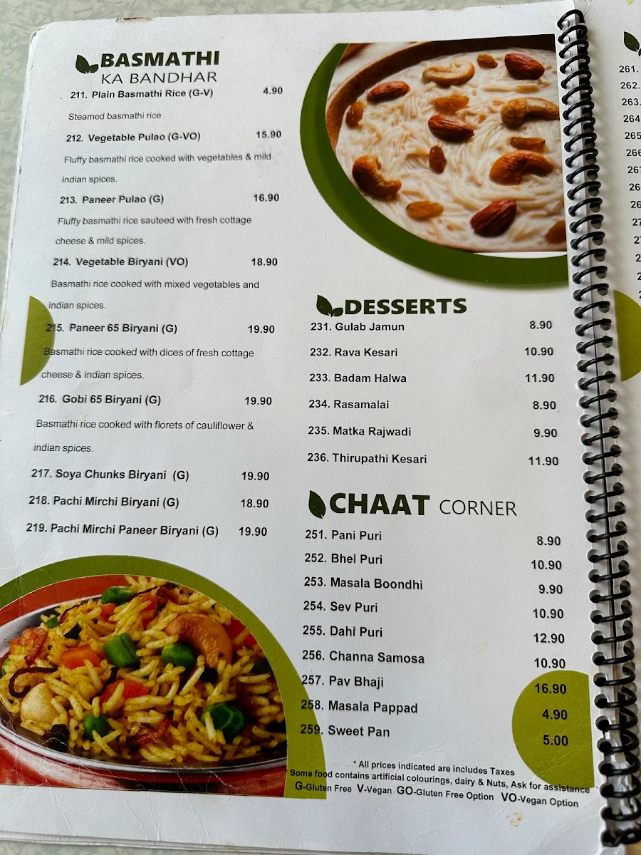 Menu, Saravanaa Bhavan