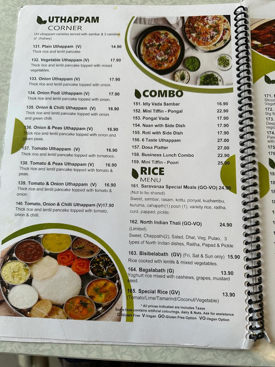 Menu, Saravanaa Bhavan