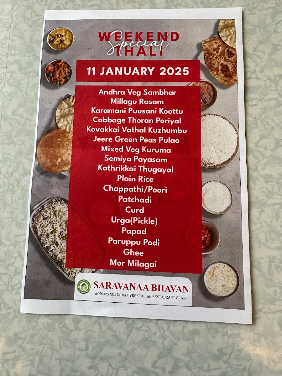 Menu, Saravanaa Bhavan