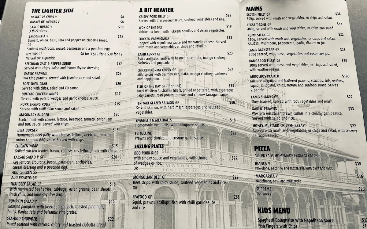 Menu, Freemasons Hotel