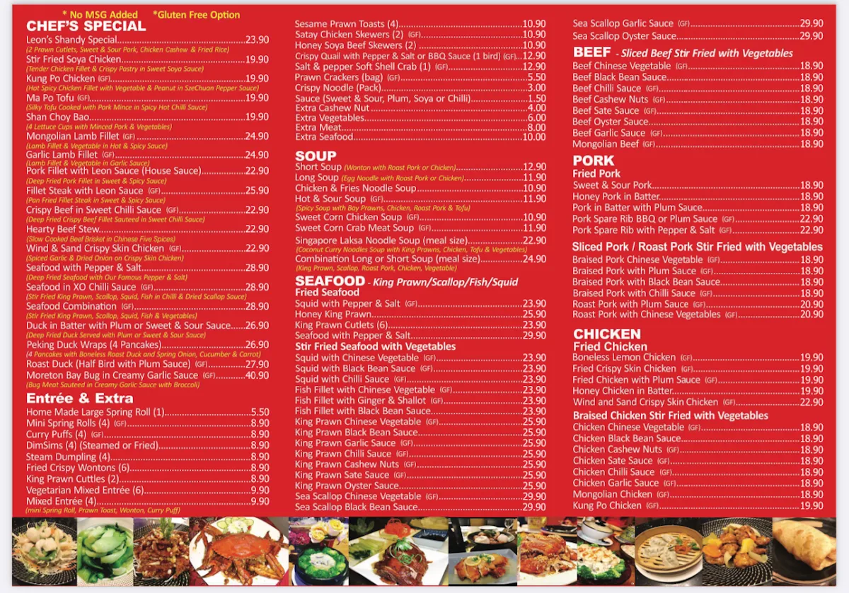 Menu, Leon Chinese Restaurant