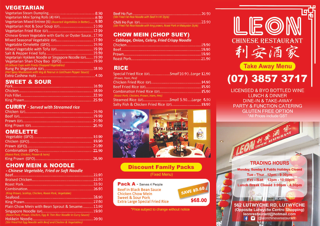 Menu, Leon Chinese Restaurant