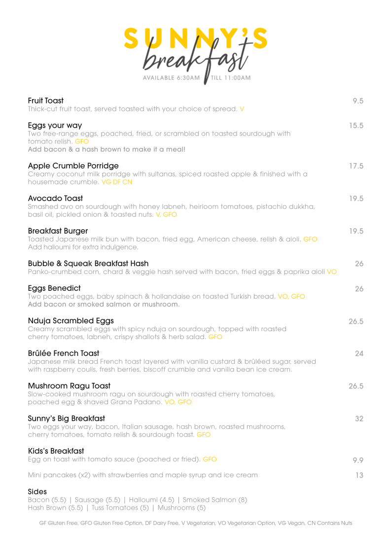 Menu, Sunny's Margate Beach