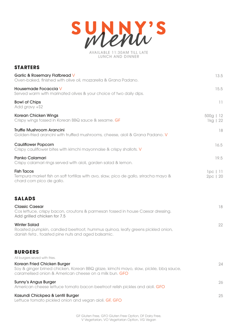 Menu, Sunny's Margate Beach