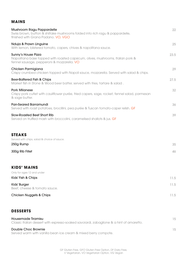 Menu, Sunny's Margate Beach