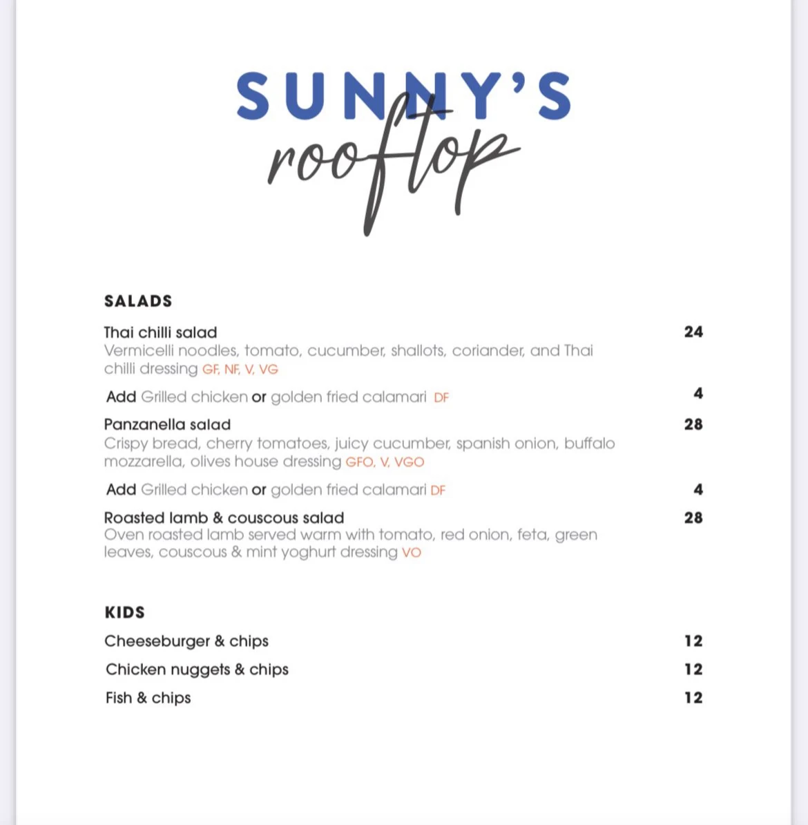 Menu, Sunny's Margate Beach