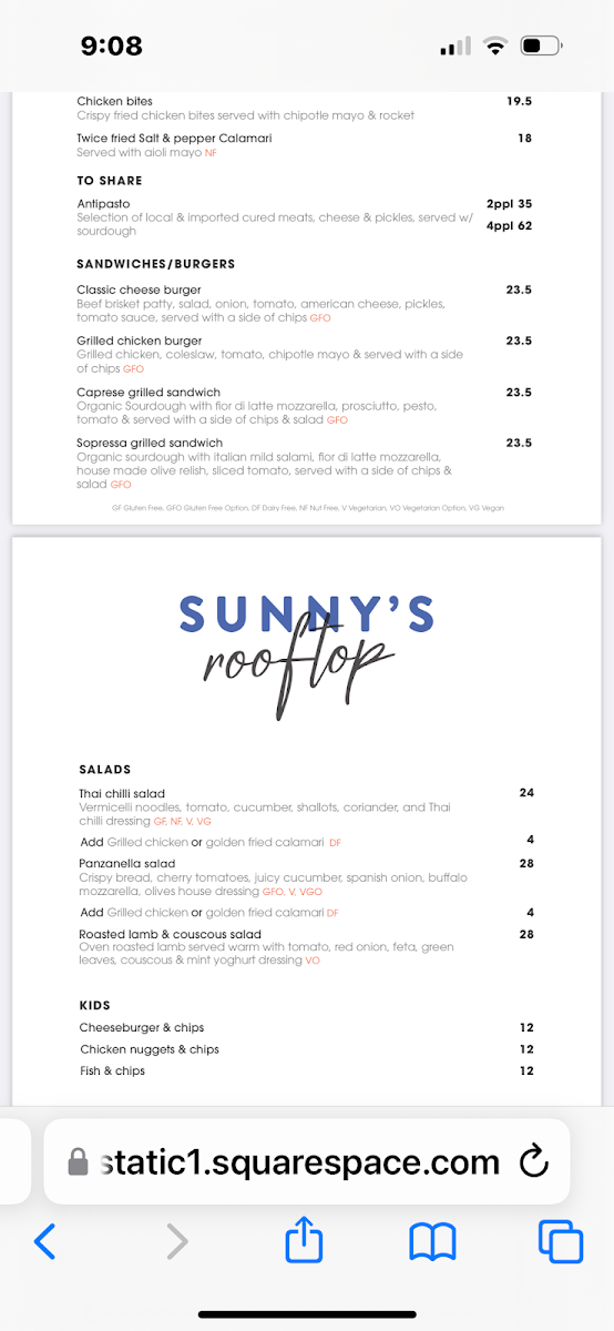 Menu, Sunny's Margate Beach