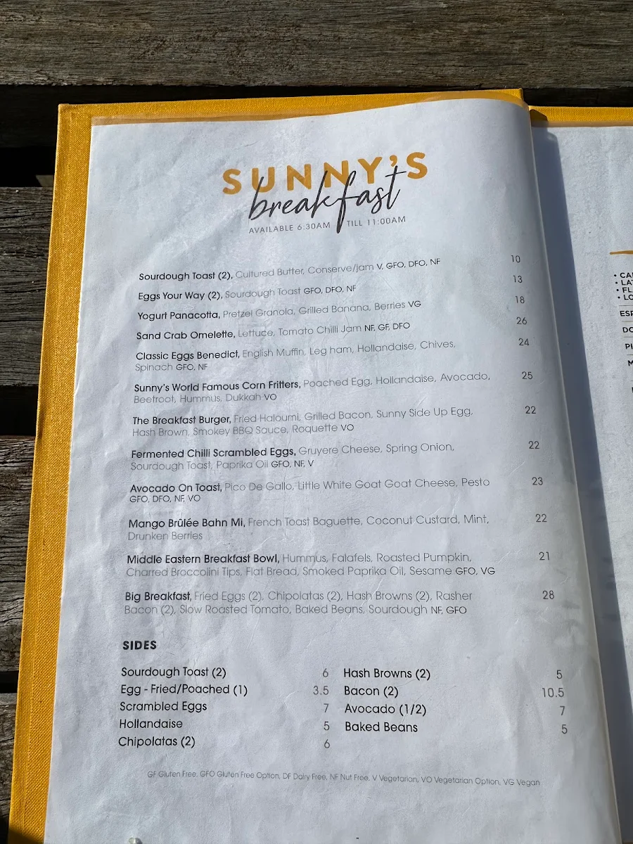 Menu, Sunny's Margate Beach