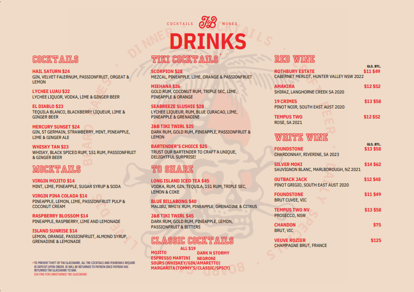 Menu, Jack & Bones Island Bar