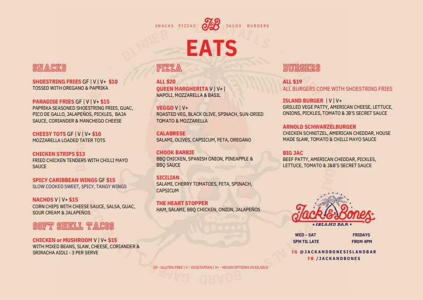 Menu, Jack & Bones Island Bar