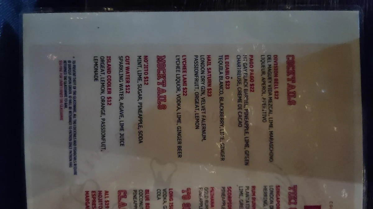 Menu, Jack & Bones Island Bar