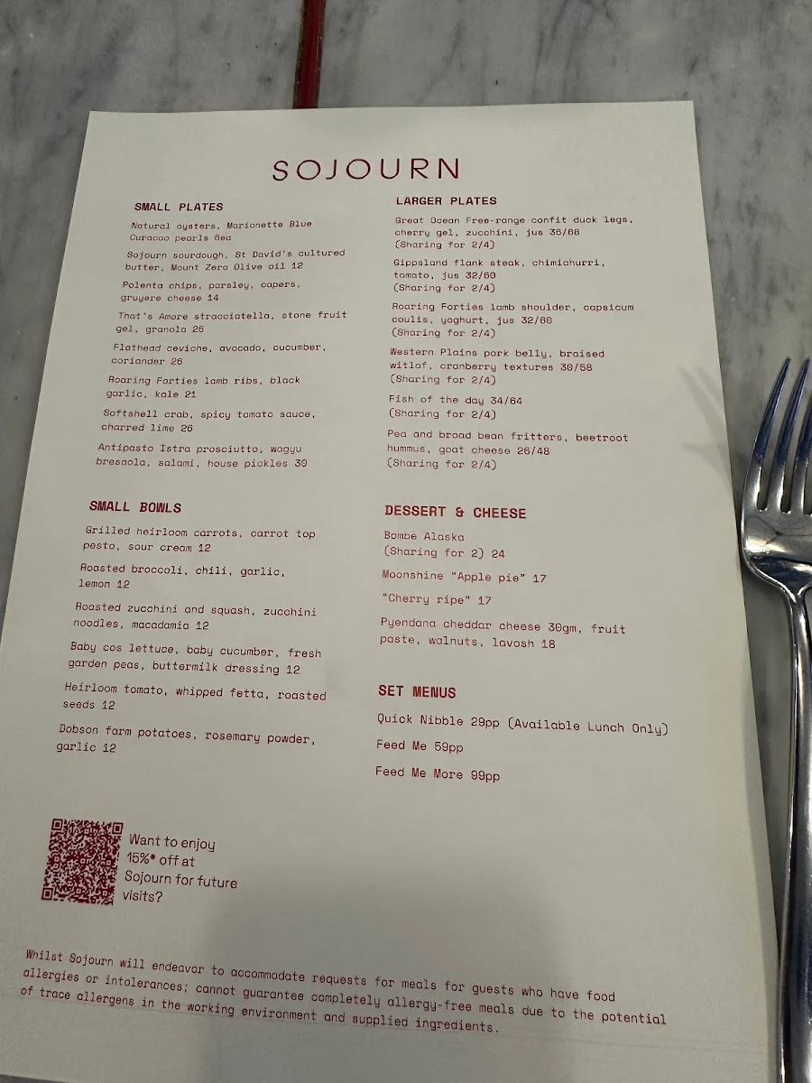 Menu, Sojourn