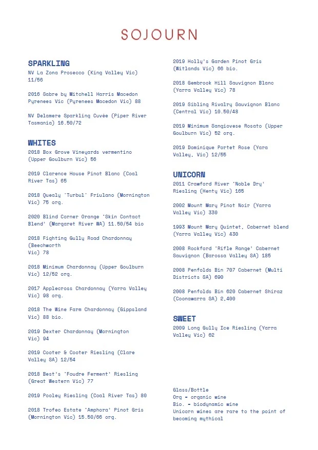 Menu, Sojourn