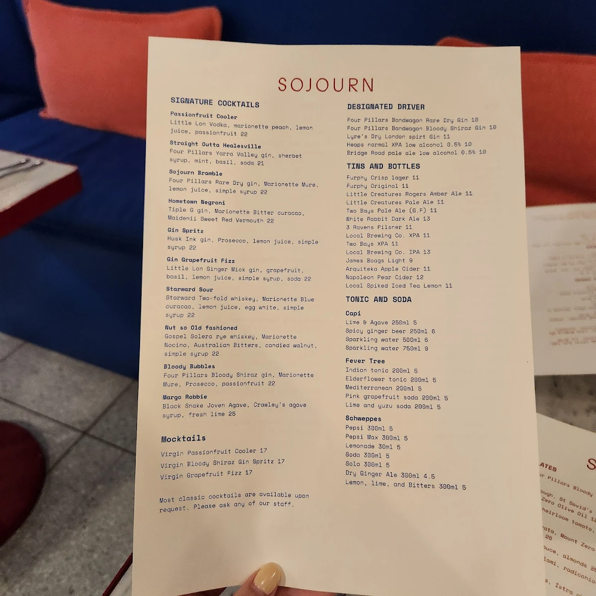 Menu, Sojourn