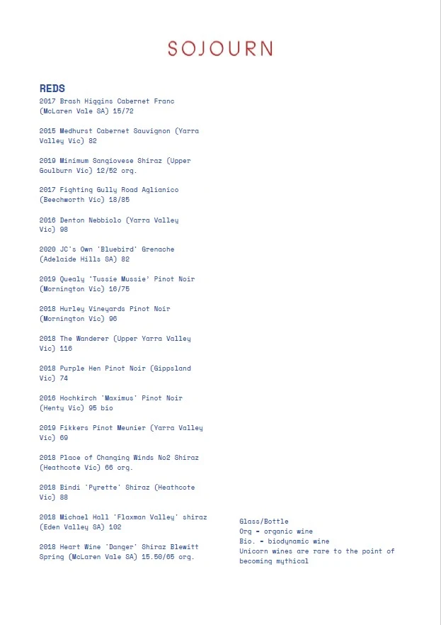Menu, Sojourn