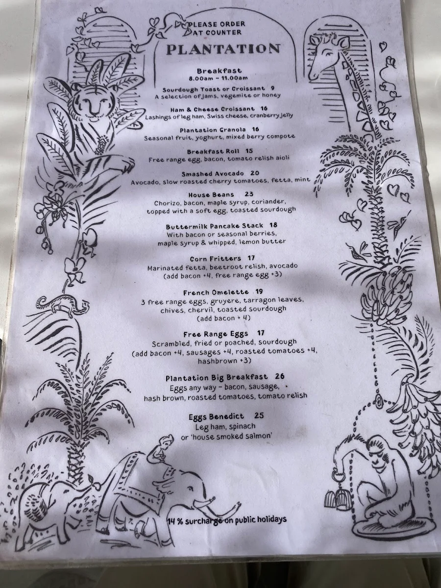 Menu, Plantation Cafe @ Green Lane Bowral