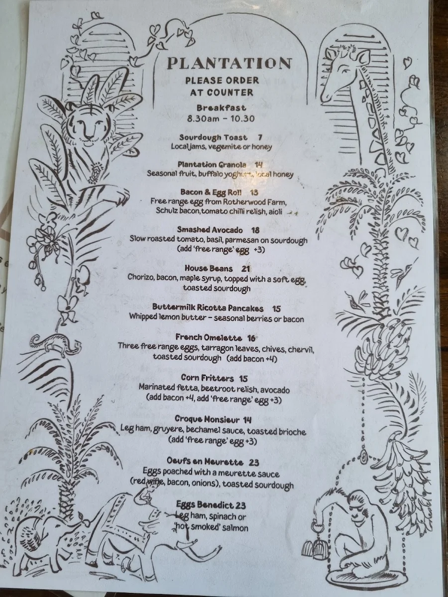 Menu, Plantation Cafe @ Green Lane Bowral