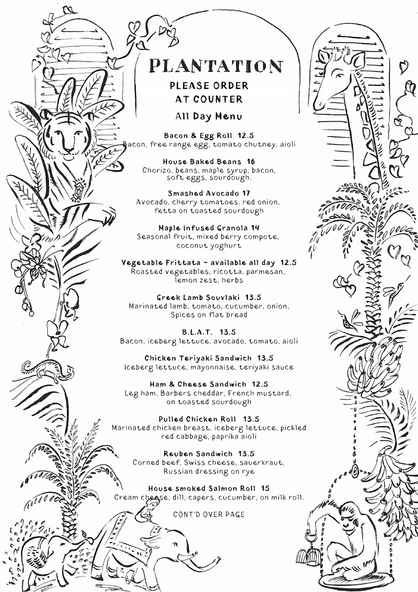 Menu, Plantation Cafe @ Green Lane Bowral