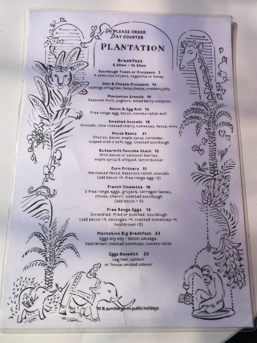 Menu, Plantation Cafe @ Green Lane Bowral