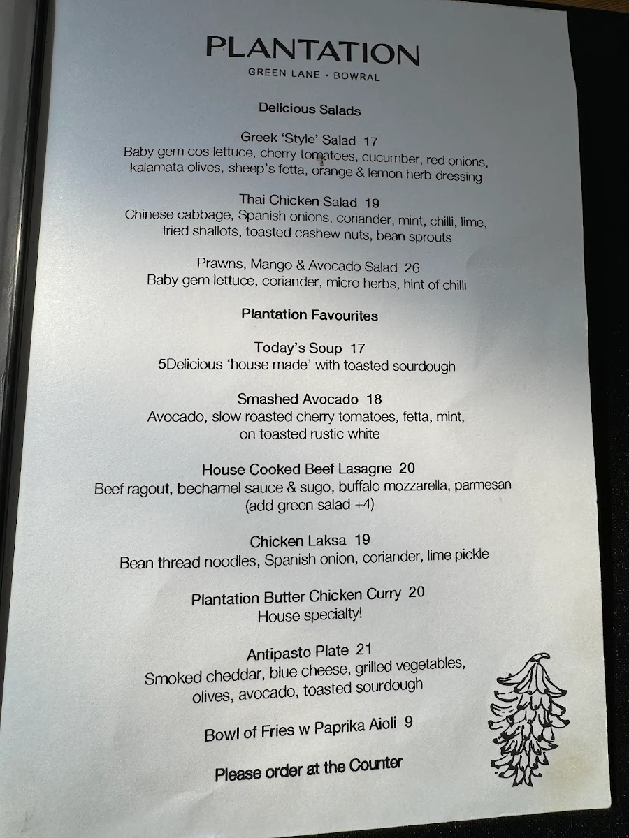 Menu, Plantation Cafe @ Green Lane Bowral