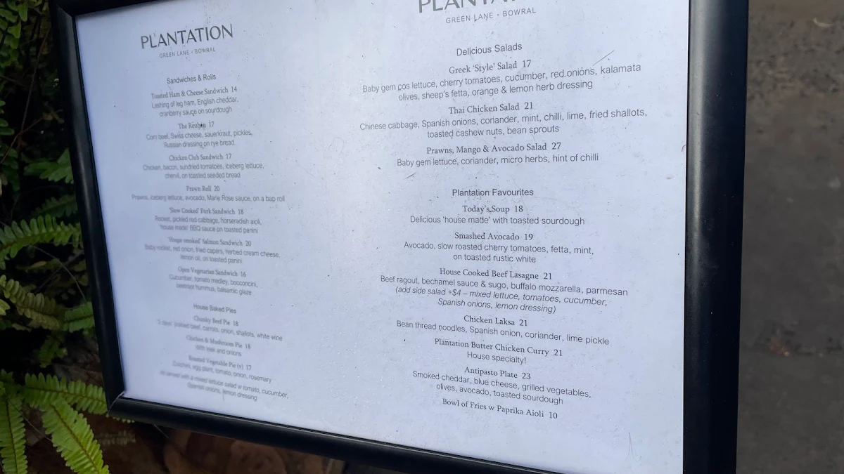 Menu, Plantation Cafe @ Green Lane Bowral