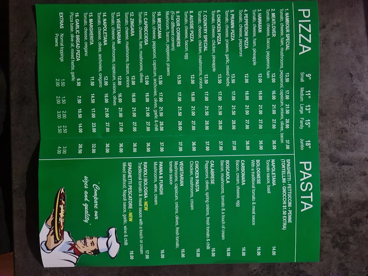 Menu, Nambour Pizza & Pasta