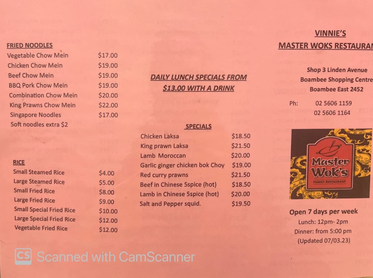 Menu, Vinnie's master wok