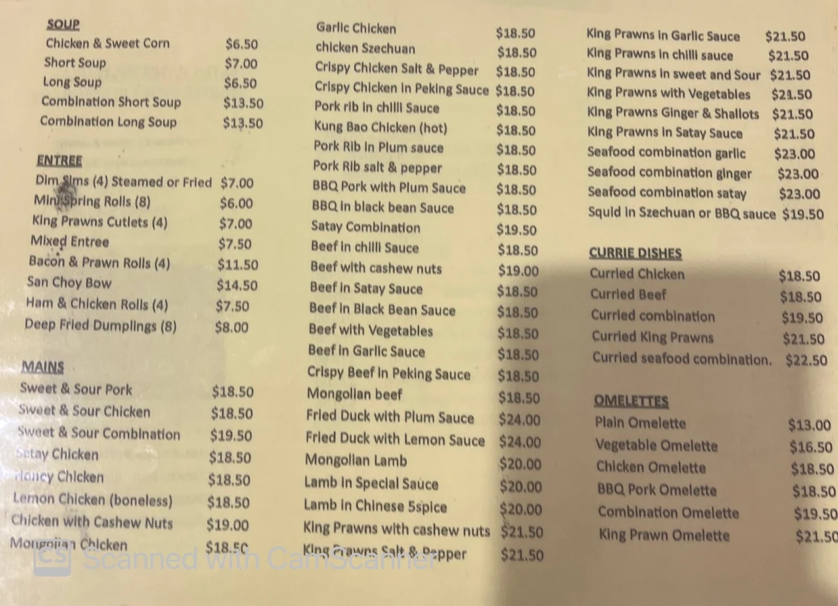 Menu, Vinnie's master wok