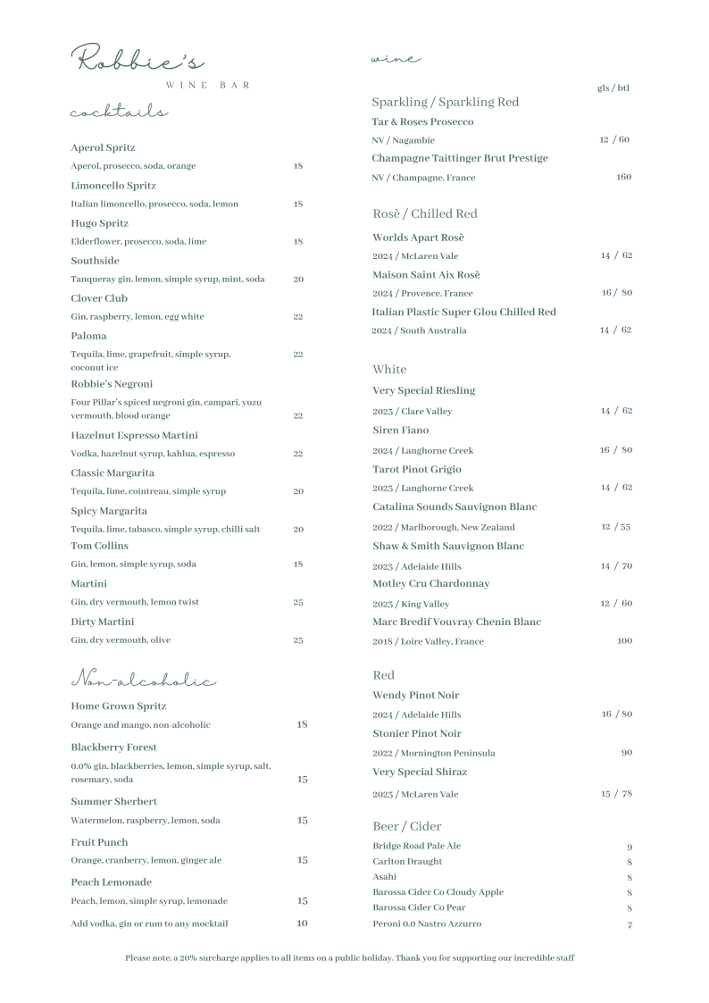 Menu, Robbie's