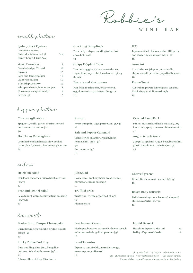 Menu, Robbie's