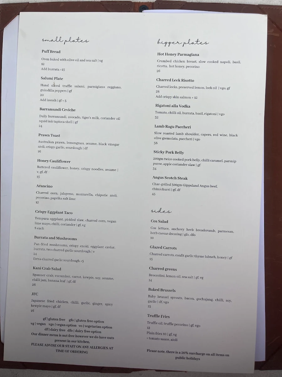 Menu, Robbie's