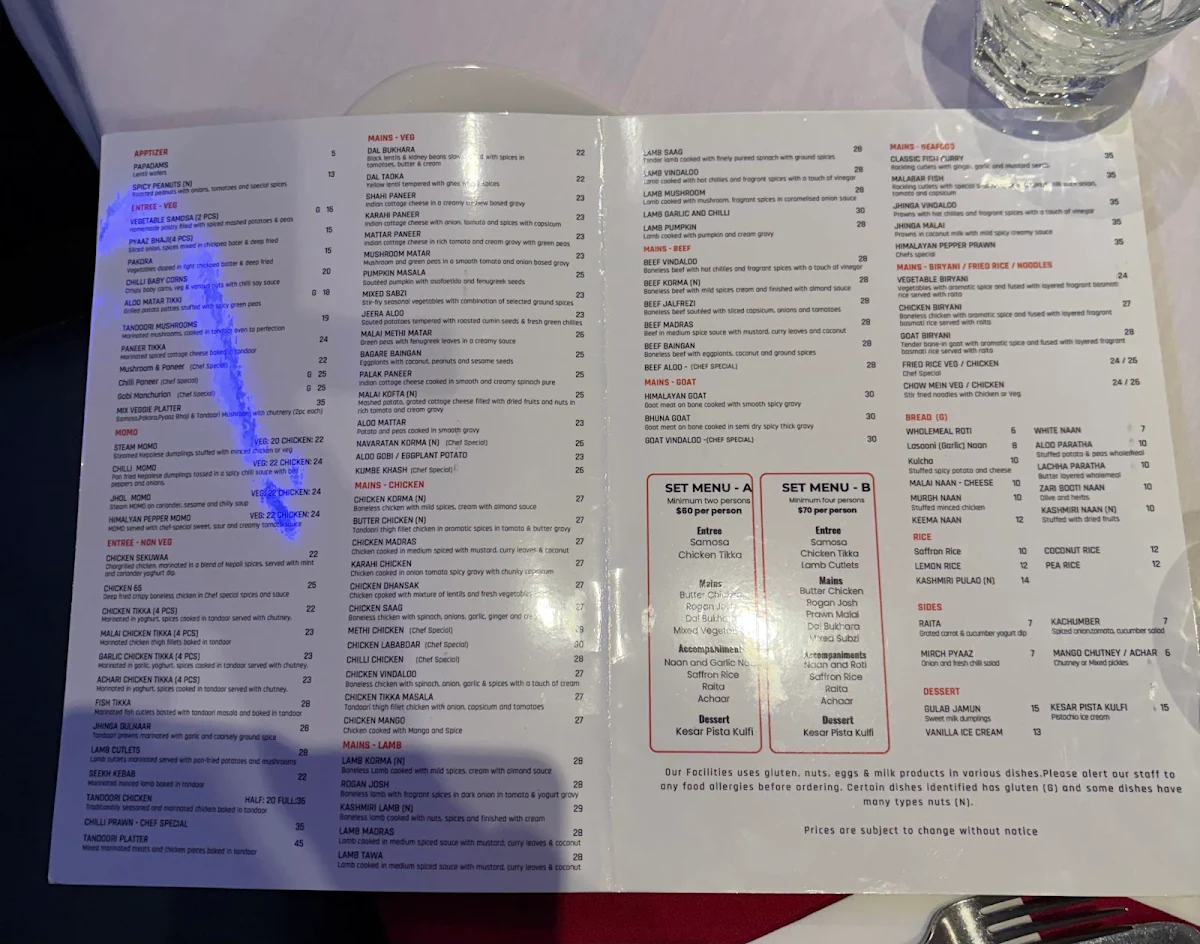 Menu, Avatar Indian Cuisine Balwyn