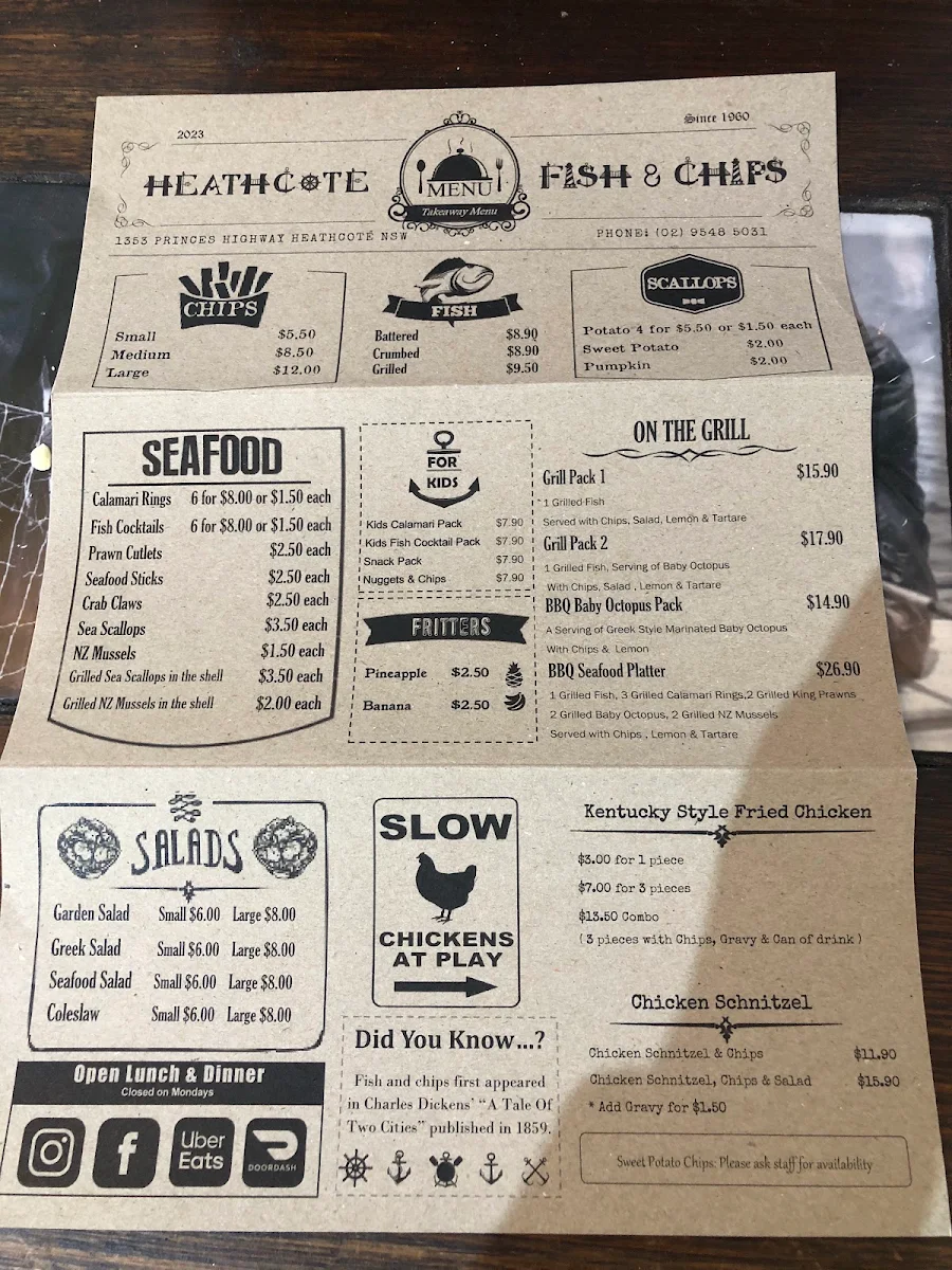 Menu, Heathcote Fish & Chips (NSW)