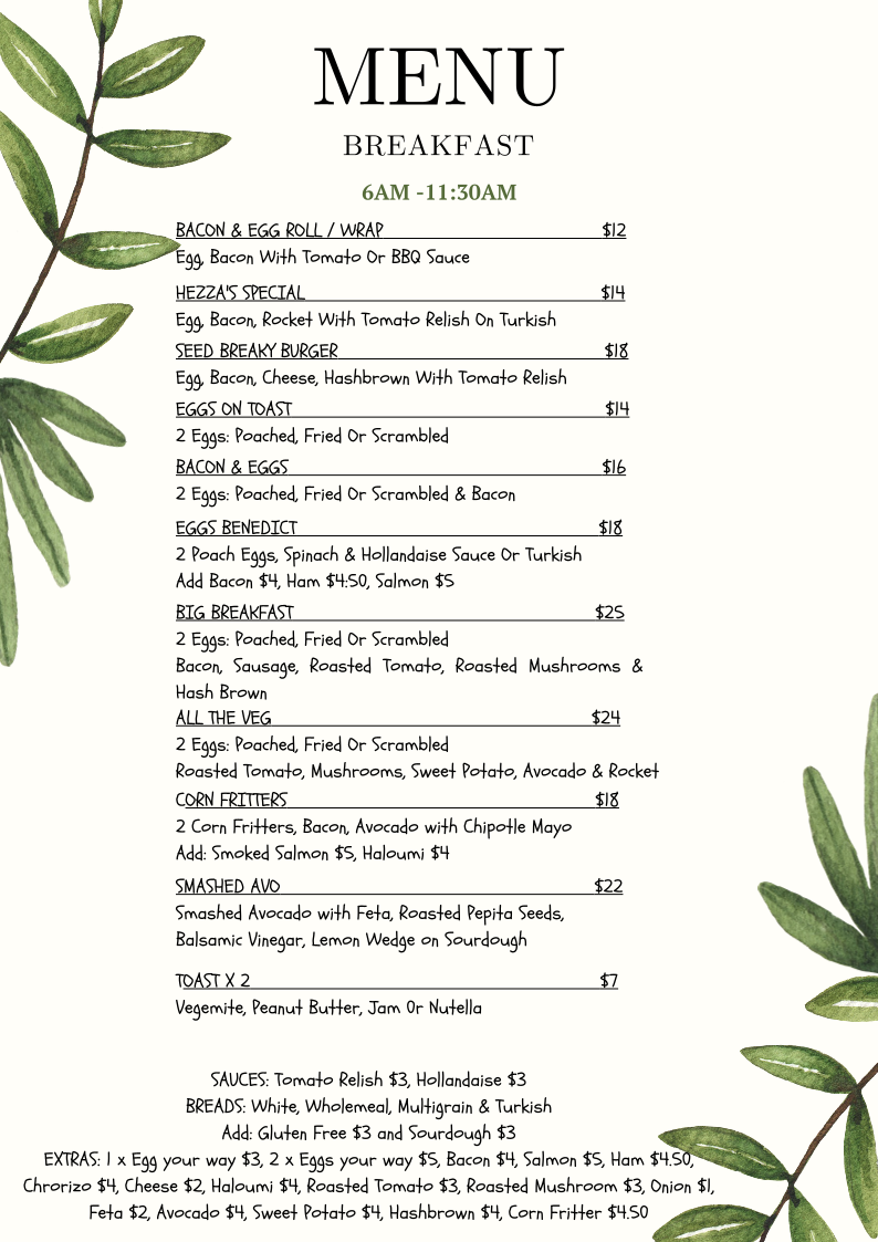 Menu, Seed Cafe & Deli