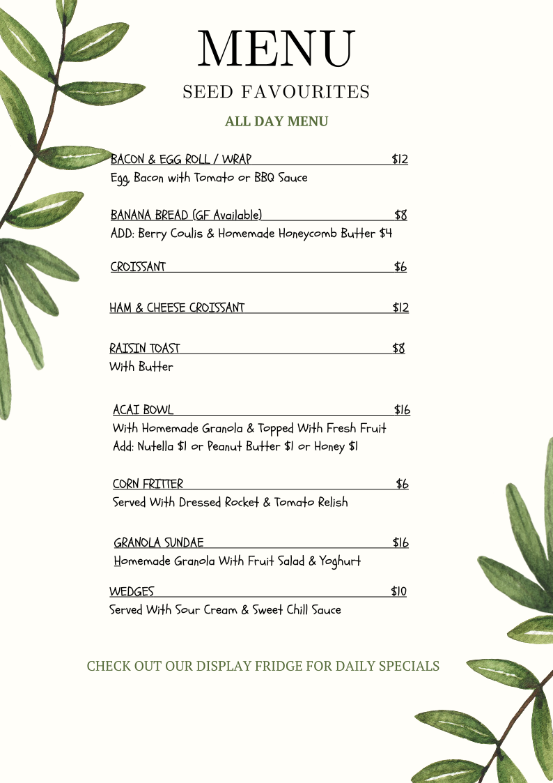 Menu, Seed Cafe & Deli