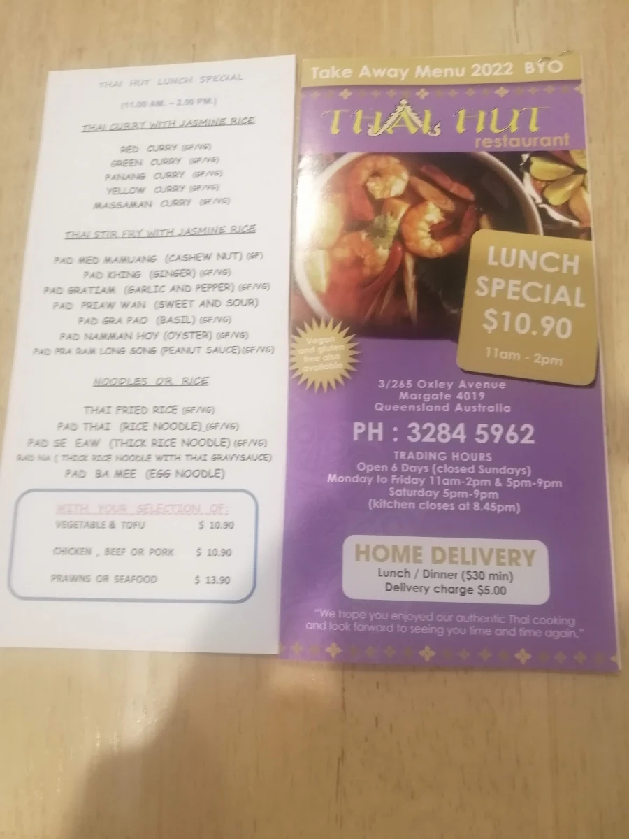 Menu, Thai Hut