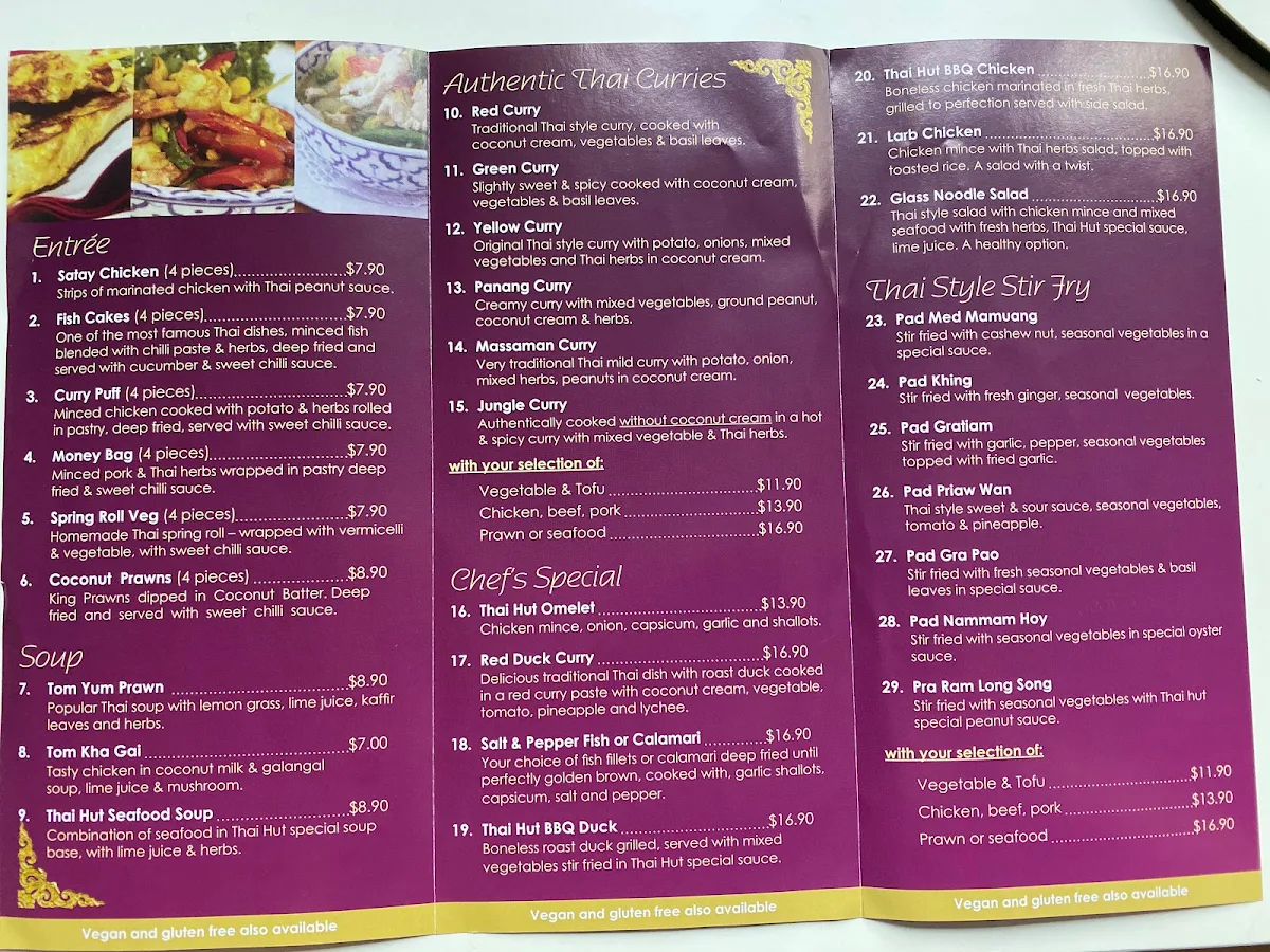 Menu, Thai Hut