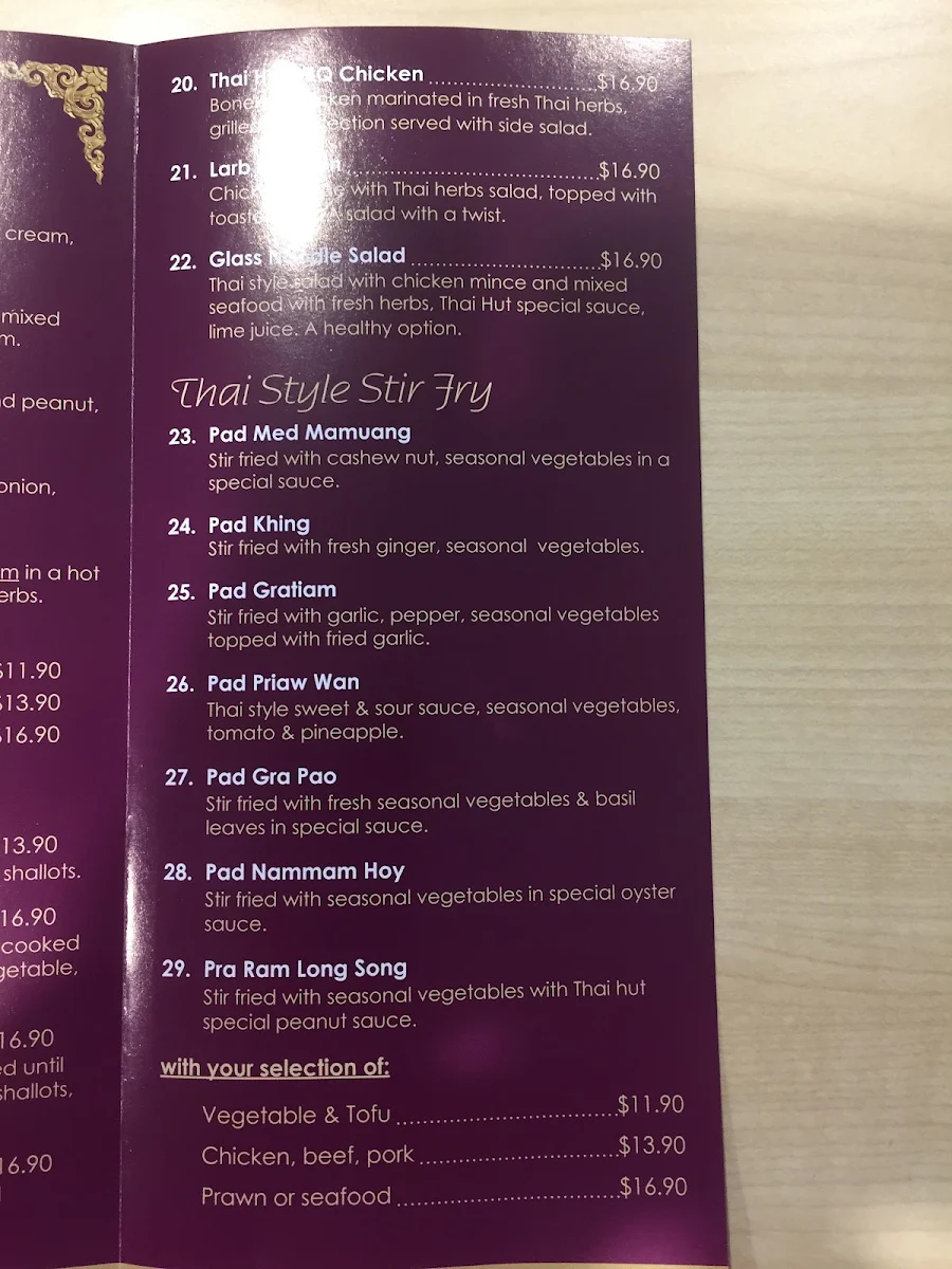Menu, Thai Hut