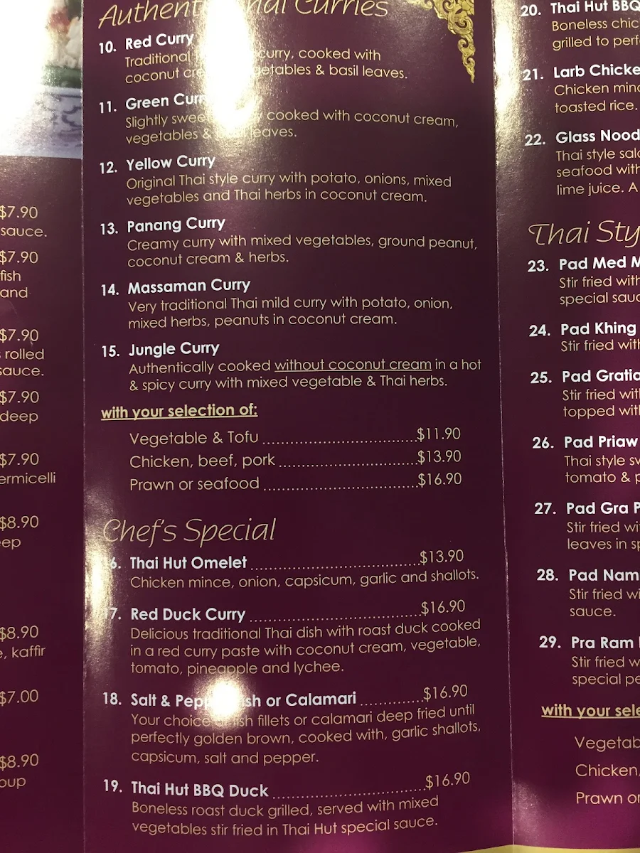 Menu, Thai Hut